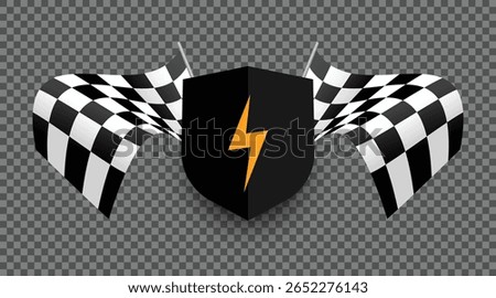 Black Shield with Yellow Thunderbolt and Checkered Racing Flag. Racing vector illustration. 