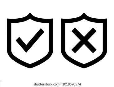 Black shields with check mark and cross. Vector illustration