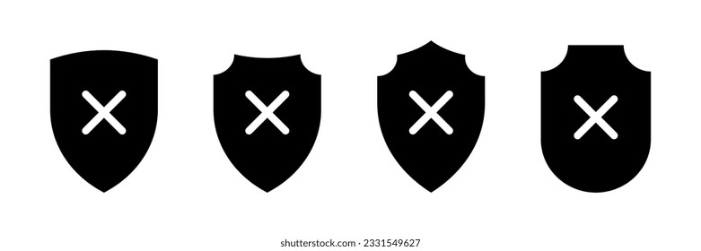 Black shields of different shapes with cross inside vector illustration. Abstract antivirus security collection, internet data protection icons isolated on white background.