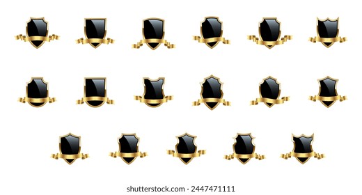 Black shields with golden frame and ribbons vector set for emblem, logo, badge, label. Royal medieval military armor collection isolated on white background. War trophy, heraldic symbol.