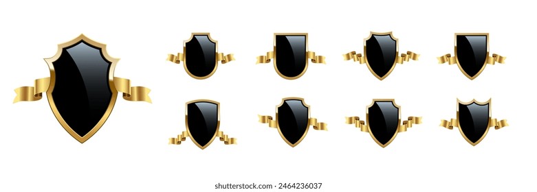 Black shields with golden frame and ribbons vector set for emblem, badge, label. Royal medieval military armor collection isolated on white background. War trophy, heraldic symbol.