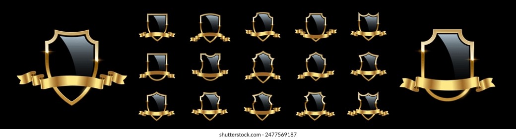 Black shields with golden frame and ribbons vector set for emblem, badge, label. Royal medieval military armor collection isolated on black background. War trophy, heraldic symbol.