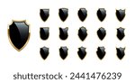 Black shields with golden frame set for emblem, logo, badge, label. Vector luxury design elements. Royal medieval military armor collection isolated on white background. War trophy, heraldic symbol.