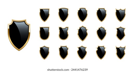 Black shields with golden frame set for emblem, logo, badge, label. Vector luxury design elements. Royal medieval military armor collection isolated on white background. War trophy, heraldic symbol.