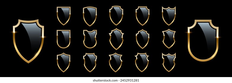 Black shields with golden frame set for emblem, logo, badge, label. Vector luxury design elements. Royal medieval military armor collection isolated on black background. War trophy, heraldic symbol.