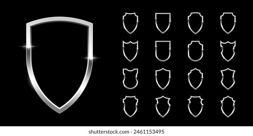 Black shields with silver frame set for emblem, badge, label. Vector luxury design elements. Royal medieval military armor collection isolated on black background. War trophy, heraldic symbol.