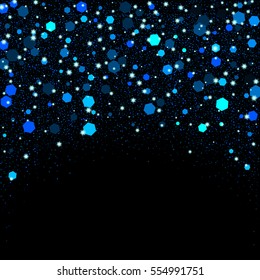 Black shimmer background with blue glitter particles elements in shape of hexagon on top. Vector illustration of sparkling texture, star dust sparks in explosion effect of greeting card. Add your text