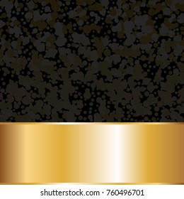 Black, shining background. Sequins and stars. Sparkles. Fireworks. Gold ribbon. Happy holiday!