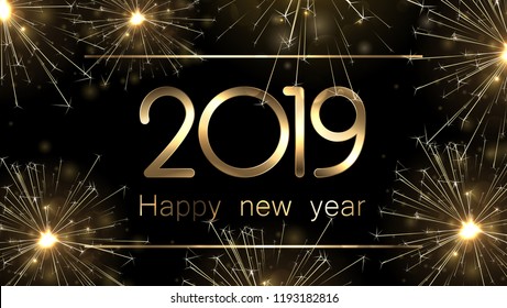 Black shiny 2019 Happy New Year greeting card with fireworks. Vector background.
