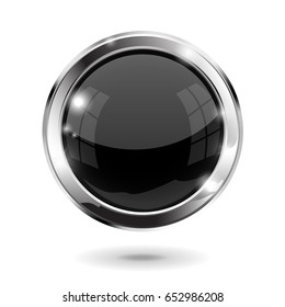 Black shiny 3d button. Round glass web icon. Vector 3d illustration isolated on white background