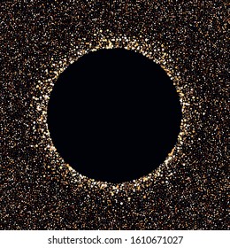 Black shiny background with a circle cut out in the middle. Gold glitters.