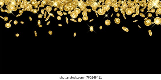 Black shiny background with falling gold bitcoins. Vector money illustration.