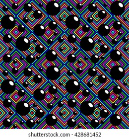 Black shiny balls and colored diamonds pattern 2. Abstract vector seamless pattern with multi-colored squares, diamonds, stripes, angles, shiny black balls.