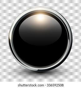 Black shiny button with metallic elements, vector design.