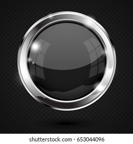 Black shiny button. Round glass web icon. Vector 3d illustration on black background