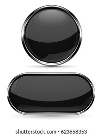 Black Shiny Buttons With Metal Frame. Vector 3d Illustration Isolated On White Background