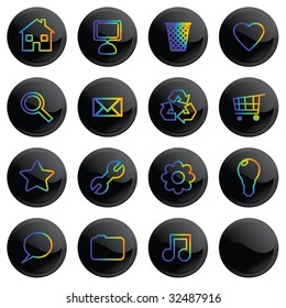 black shiny buttons with rainbow colored icons