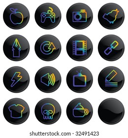 black shiny buttons with rainbow colored icons set 2
