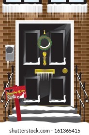 Black Shiny Front Door At Christmas With Snow And Decorations