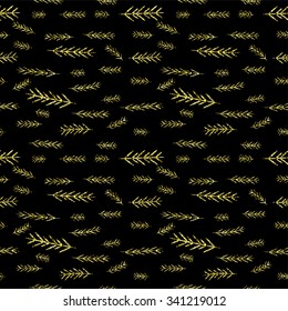 Black shiny golden seamless simple vector graphics pattern. Tile Christmas sparkle glitter background with pine-tree. Wrapping paper texture. Merry Christmas! Repeating dark floral backdrop
