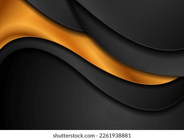 Black and shiny golden waves abstract corporate background. Vector digital art design