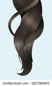 Black Shiny Hair Lock. Bright Healthy Curls. Vector Realistic 3d Illustration. Design Element for Hairdressers, Beauty Salons, Hair Care Cosmetics, Shampoo, Conditioner or Hair Dye Packaging