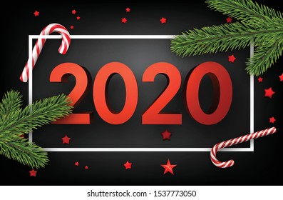 Black shiny happy New Year background with red 3d 2020 nubmers and candies. Winter decoration - Vector