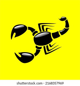 a black shiny scorpion vector artwork logo on a yellow background, a dangerous animal with a venom on its tail