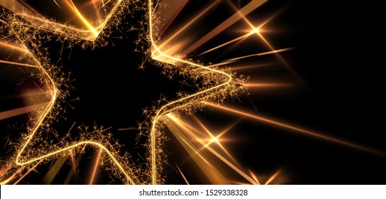 Black shiny star in modern style on dust golden background. Holiday christmas festive background. Banner template. Decoration abstract background.