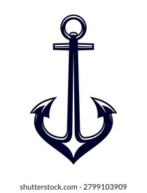 Black ship anchor silhouette. Nautical marine icon representing strength, stability, and seafaring. Vector emblem of heavy armature object, steel shipping and boating equipment with symmetrical shape