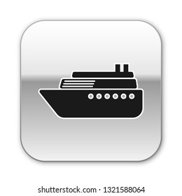 Black Ship icon isolated on white background. Silver square button. Vector Illustration