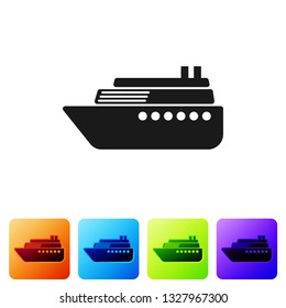 Black Ship icon isolated on white background. Set icon in color square buttons. Vector Illustration