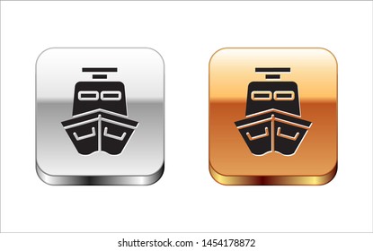 Black Ship icon isolated on white background. Silver-gold square button. Vector Illustration