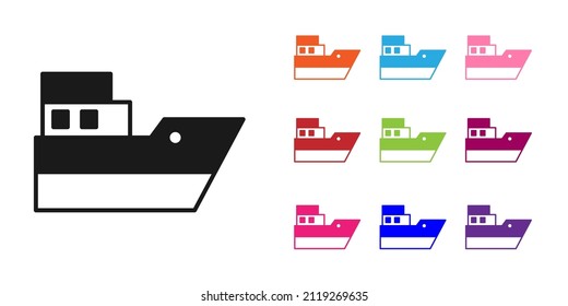 Black Ship line path of ship sea route with start point GPS and black line icon isolated on white background. Set icons colorful. Vector