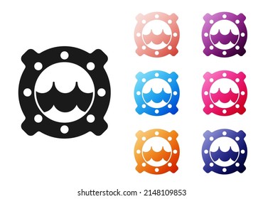 Black Ship porthole with rivets and seascape outside icon isolated on white background. Set icons colorful. Vector