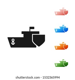 Black Ship with shield icon isolated on white background. Insurance concept. Security, safety, protection, protect concept. Set icons colorful. Vector Illustration