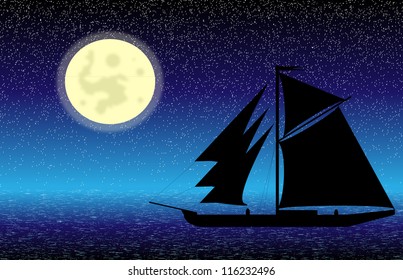 Black ship silhouette on sea at night