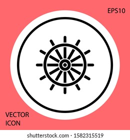 Black Ship steering wheel icon isolated on red background. White circle button. Vector Illustration