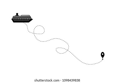 Black ship and its way on the white background. Vector illustration