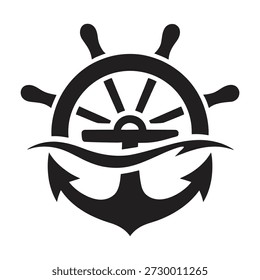 Ein schwarzes Schiffsrad und Anker-Logo-Symbol, mit einem stilisierten Rad mit Speichen und einem Anker darunter, auf transparentem Hintergrund, ideal für maritime oder nautische Designs.