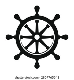 Black ship wheel icon on white background, symbolizing navigation and steering