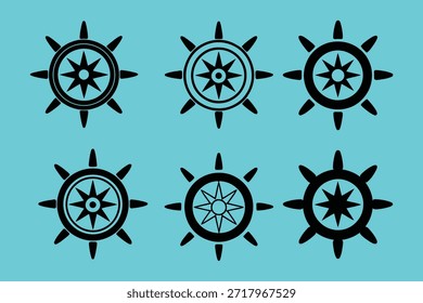 Black ship wheels on teal background helm nautical