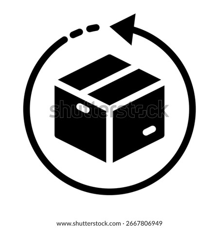 Black shipping box surrounded by a cyclical arrow indicates returning or exchange service, conveying reliability and efficiency for businesses needing vector graphics for their operations.