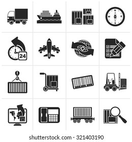 Black shipping and logistics icons - vector icon set