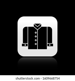 Black shirt icon isolated on black background. Silver square button. Vector Illustration