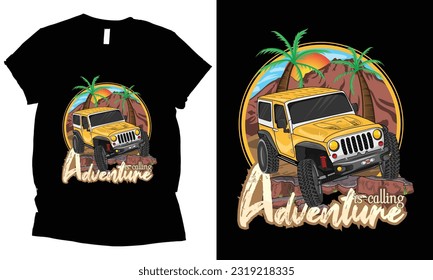 A black shirt with a jeep on it that says adventure is calling, outdoor t-shirt design