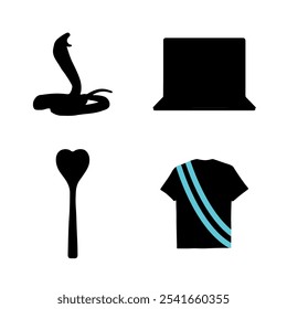 Una camisa negra con una camisa en ella que dice camiseta . silueta forma de amor cuchara, computadora portátil, serpiente y camiseta