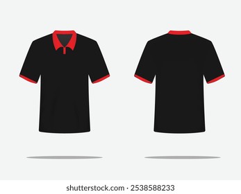 Una Plantilla de camisa negra con cuello rojo, proporcionando un contraste elegante. Ideal para maquetas de moda, marcas o diseños de ropa deportiva, agregando un toque atrevido y moderno a las imágenes de la ropa.