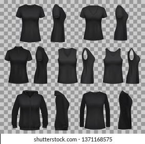 Black shirt vector templates with blank 3d mockups of women clothes. Front and side view of sleeveless polo and tank top, sweatshirt, long sleeve shirt and sport hoodie on transparent background