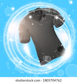 Black shirt washing in water with soap bubble and deep clean. Vector illustration.